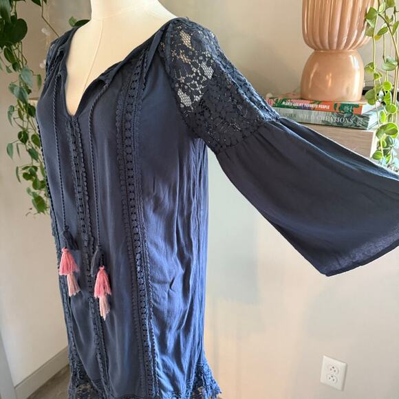 Knox Rose Navy Blue Boho Crochet Lace Tassel Tunic Peasant Dress Medium Festival - Picture 3 of 12